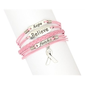 Pink Multi Strand Leather Like Faith, Hope, Believe Breast Cancer Bracelet -$9.00 with FREE Shipping